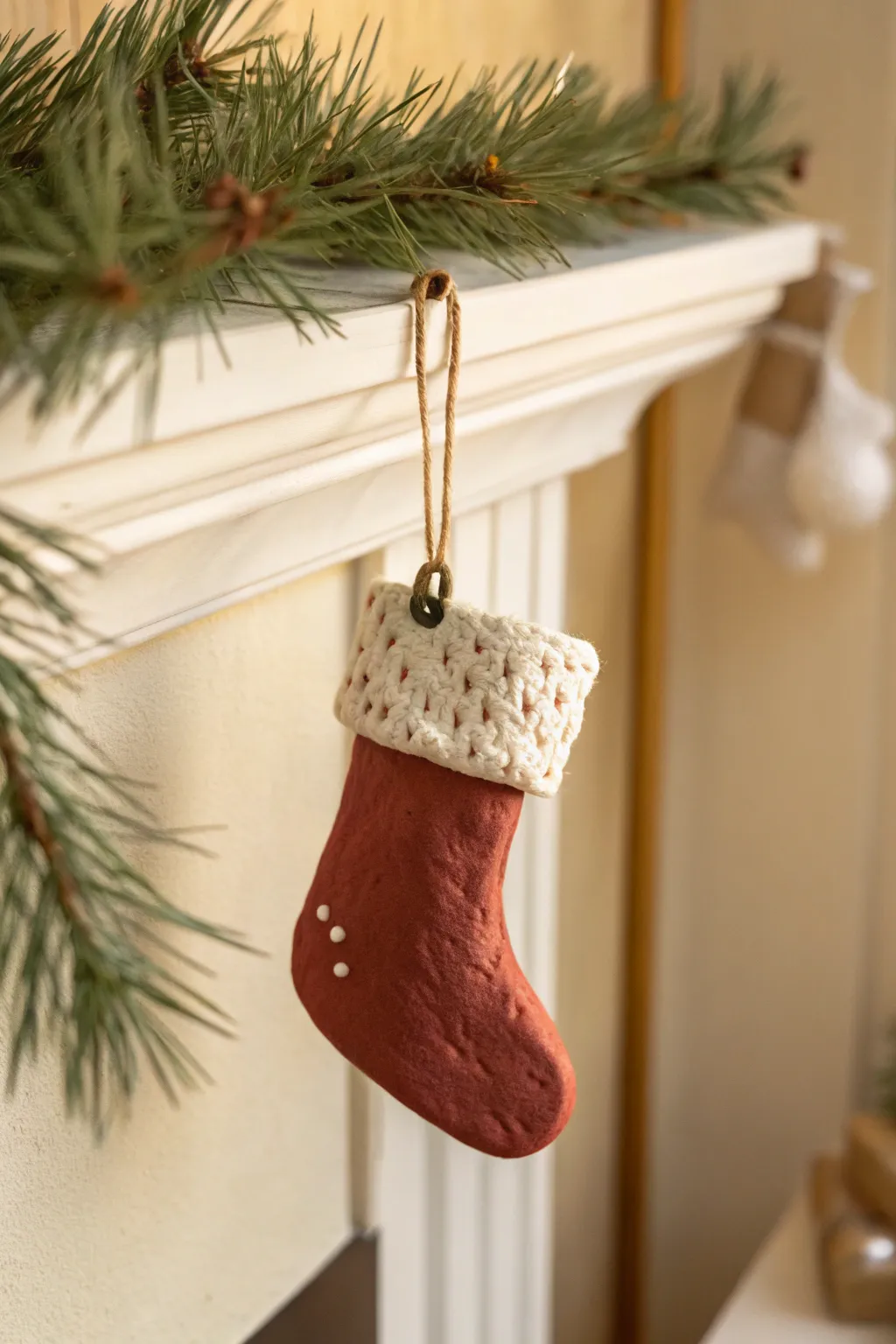 Minimal red clay stocking ornament with fluffy cuff, a simple Nordic Christmas detail for your tree