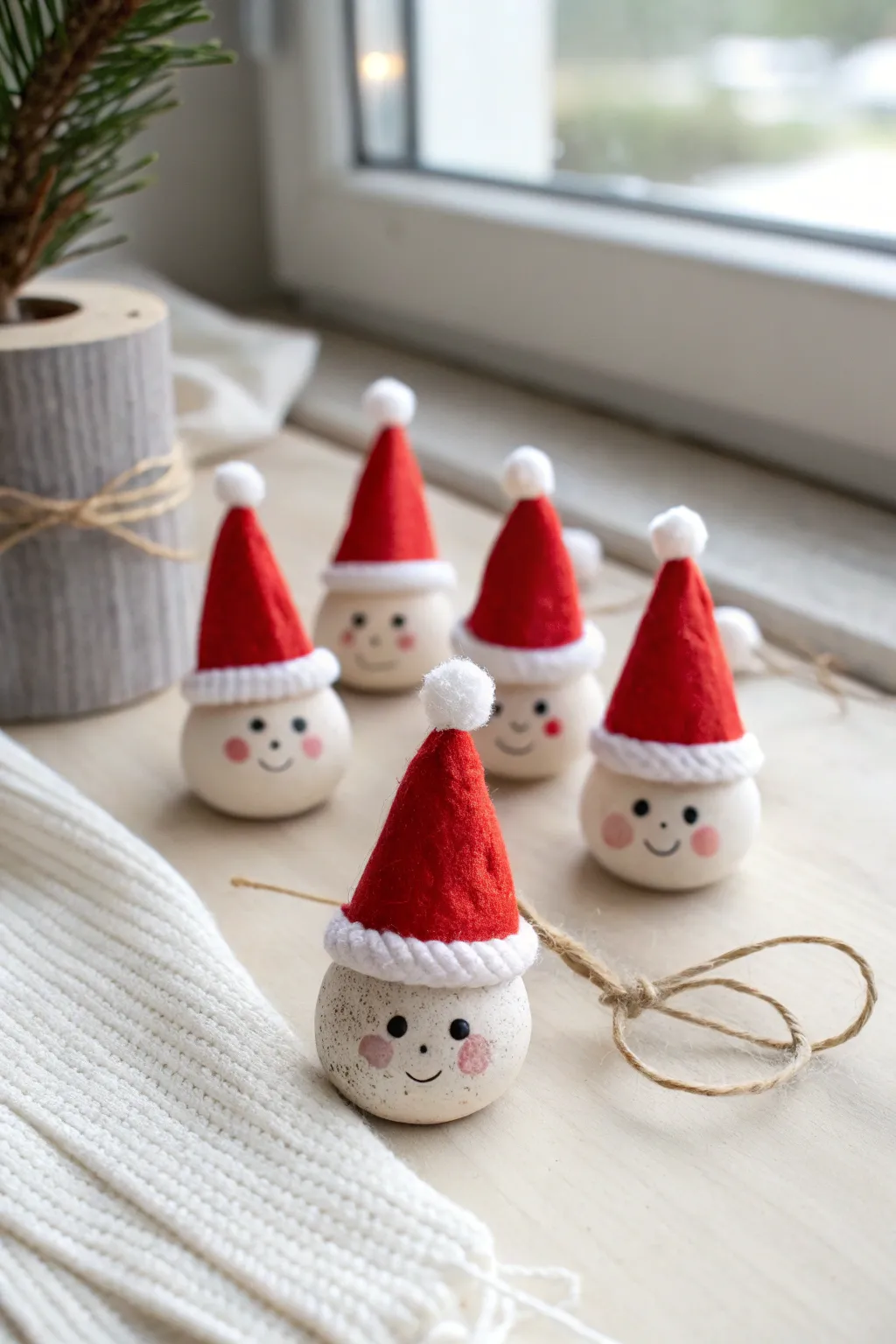 Cute thumbprint Santa ornaments with cozy red hats, an easy Christmas clay idea kids will love.