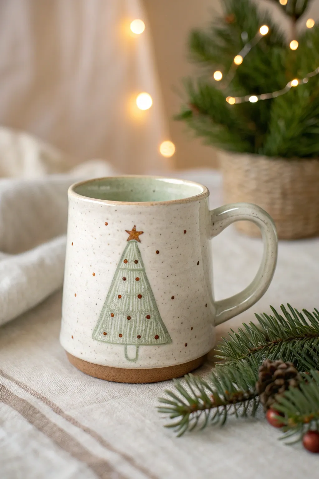 Cozy mini Christmas tree mug with simple raised details, perfect for an easy festive clay idea.