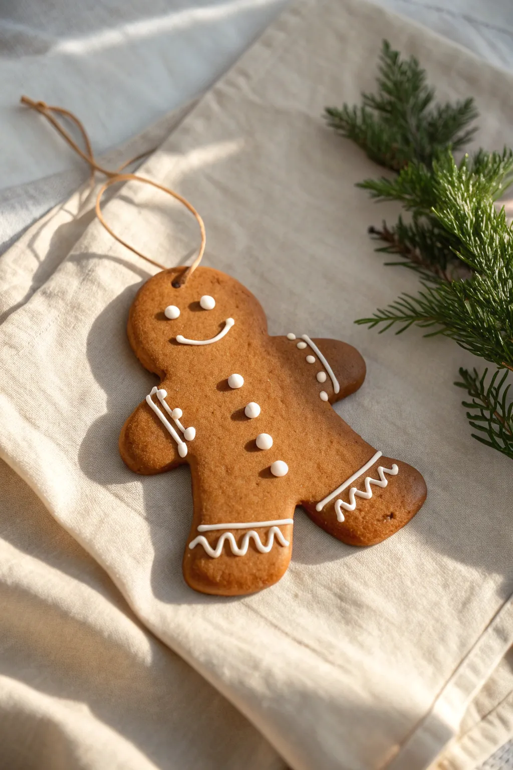 Sweet gingerbread clay figure with raised white icing details, styled simply with cozy greenery.