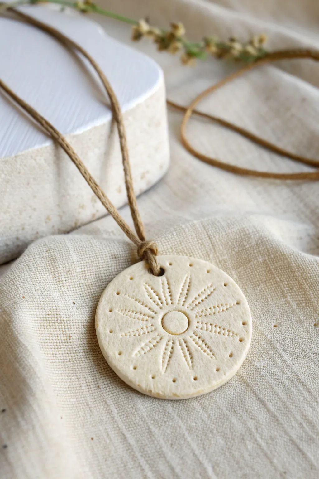 Minimal round clay medallion necklace with embossed sunburst, Scandinavian calm with boho warmth.