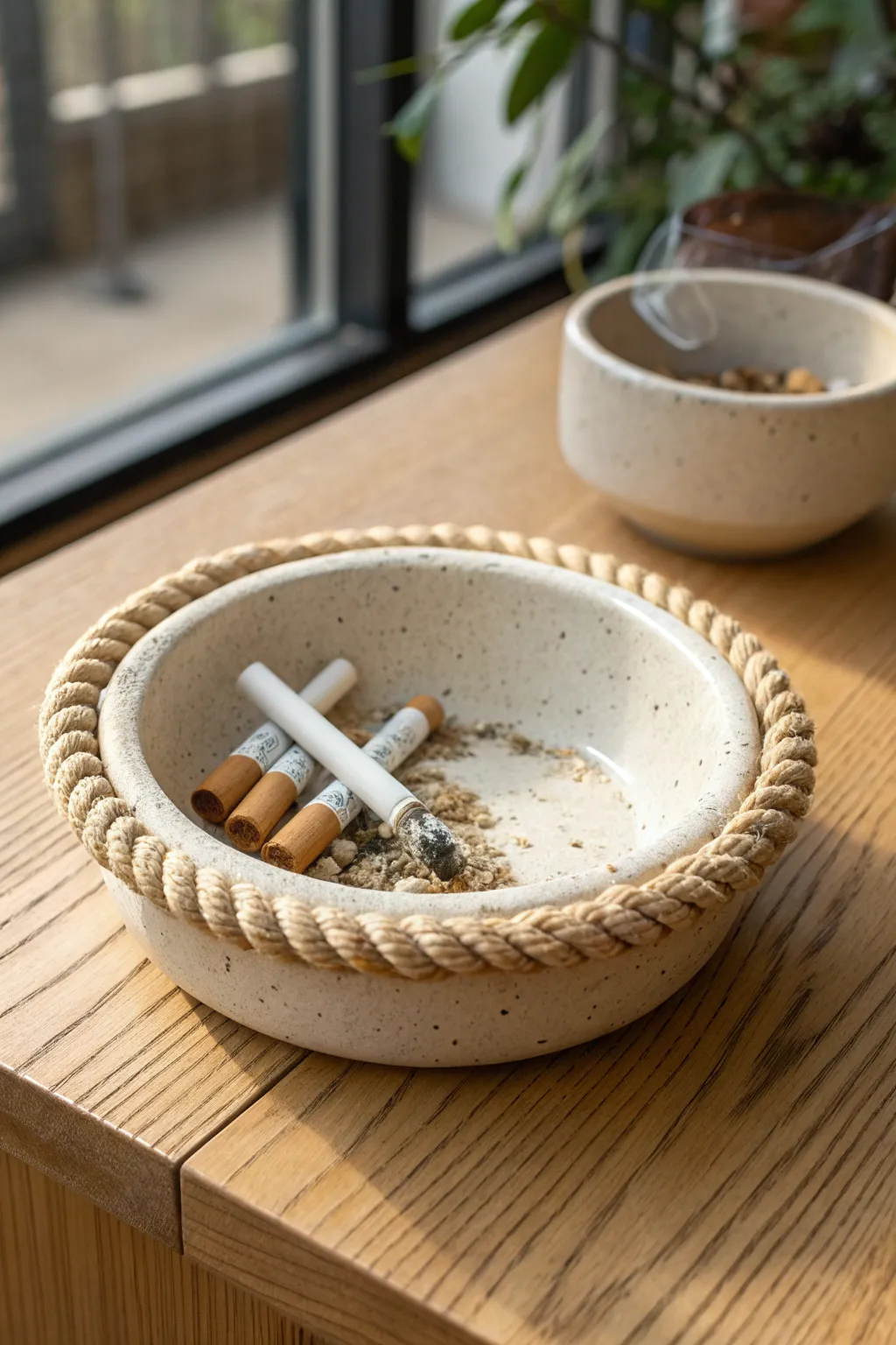 Coiled rope rim ashtray with rustic glaze pooling for a simple, handmade Scandinavian look.