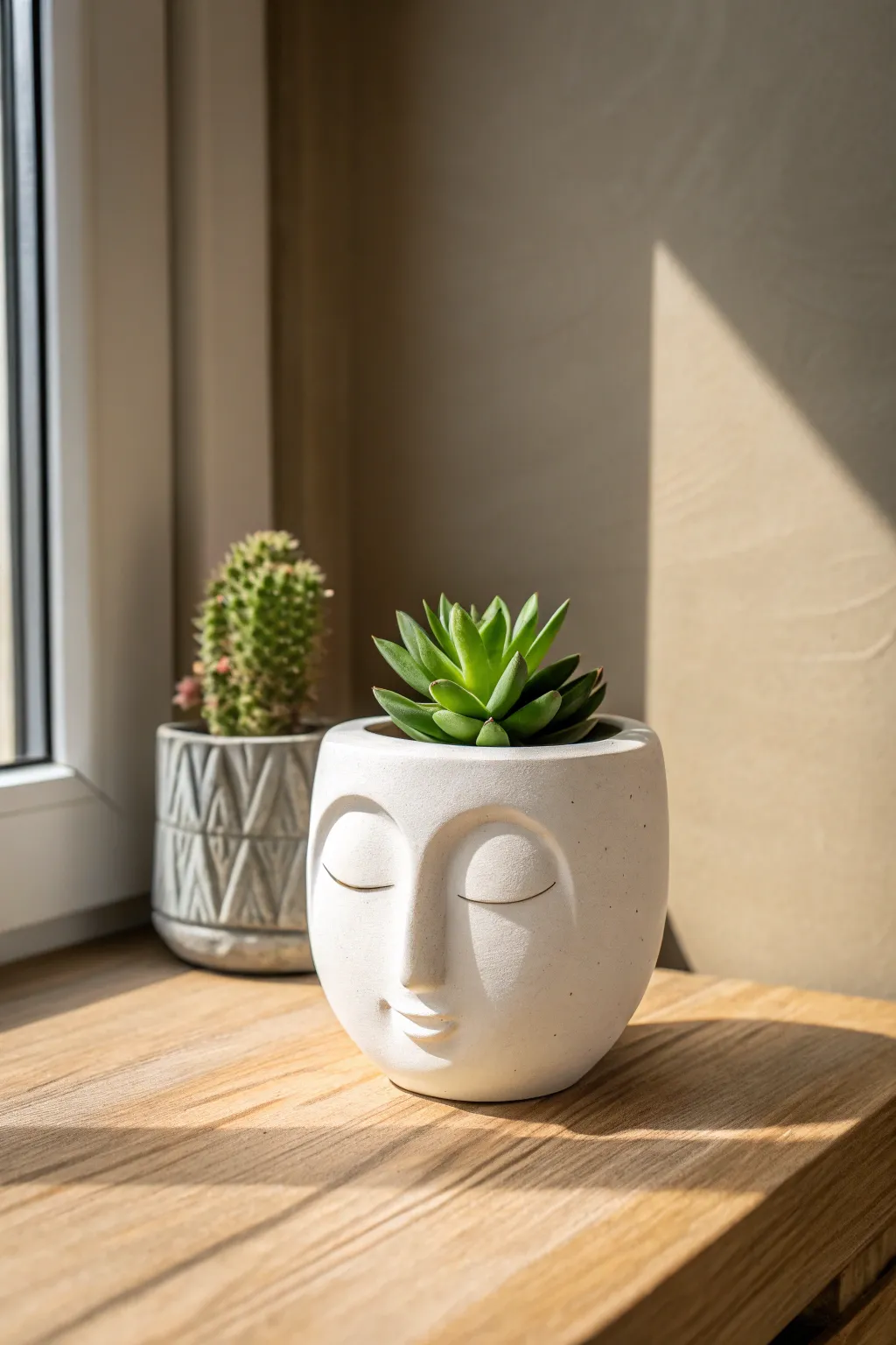 Minimal abstract face planter in matte sand clay with tiny succulent, Nordic boho calm.