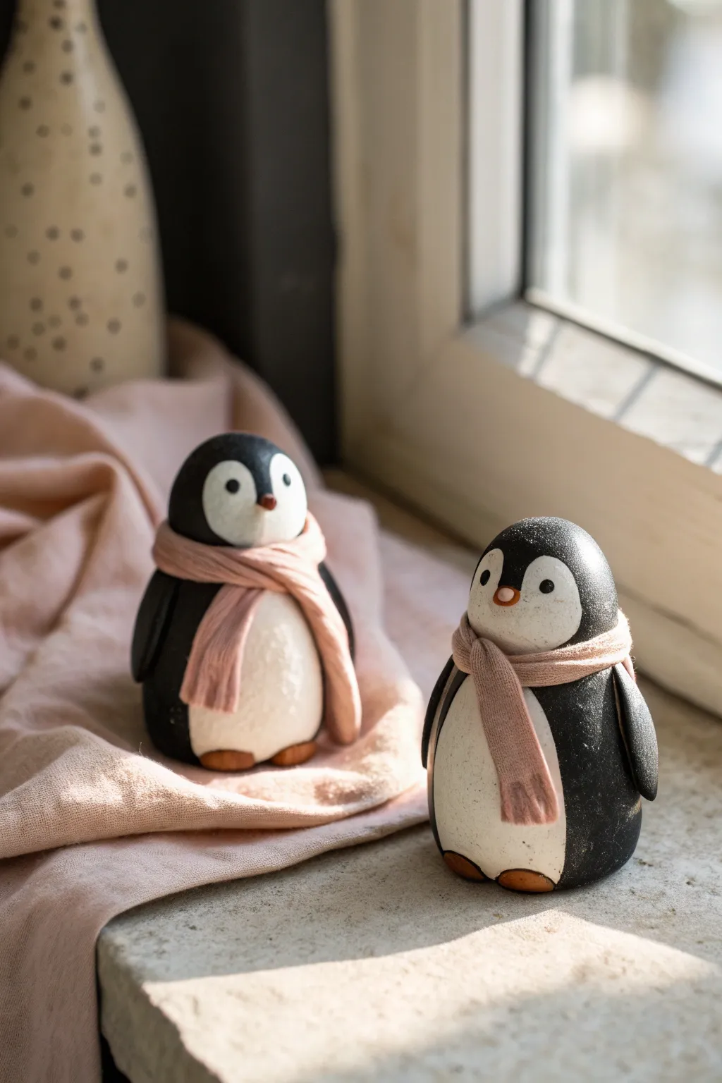 Beginner clay penguins with tiny scarves, minimalist and cozy, perfect for cute animal decor