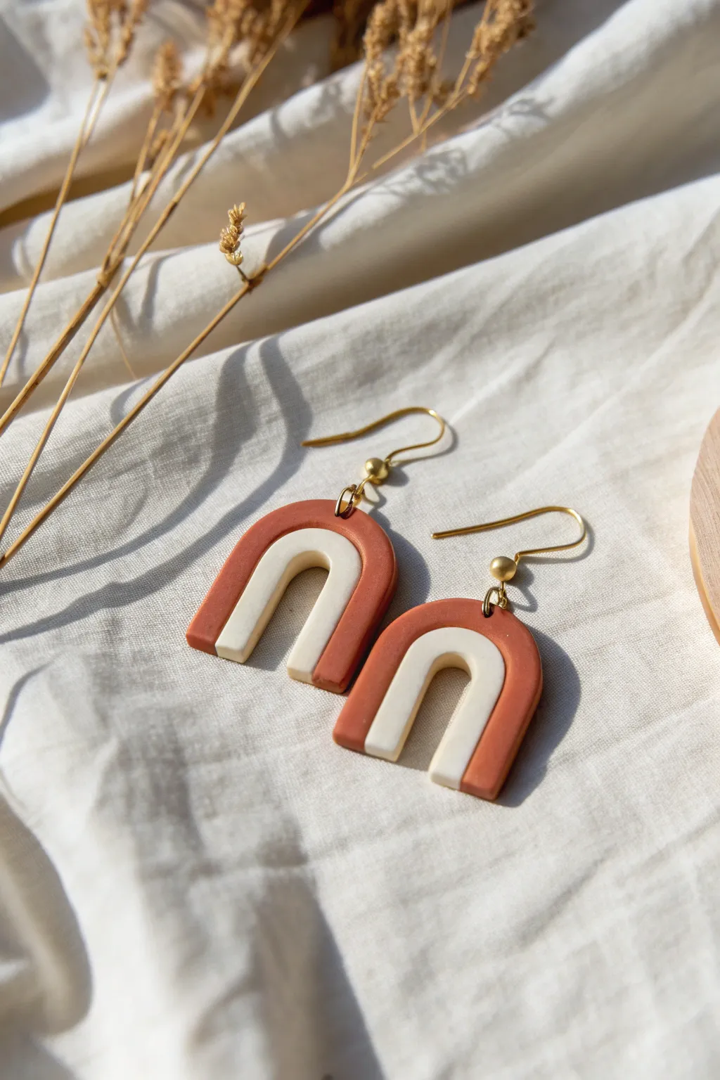 Easy color blocked clay arch earrings on soft linen, minimalist Scandinavian style with boho warmth