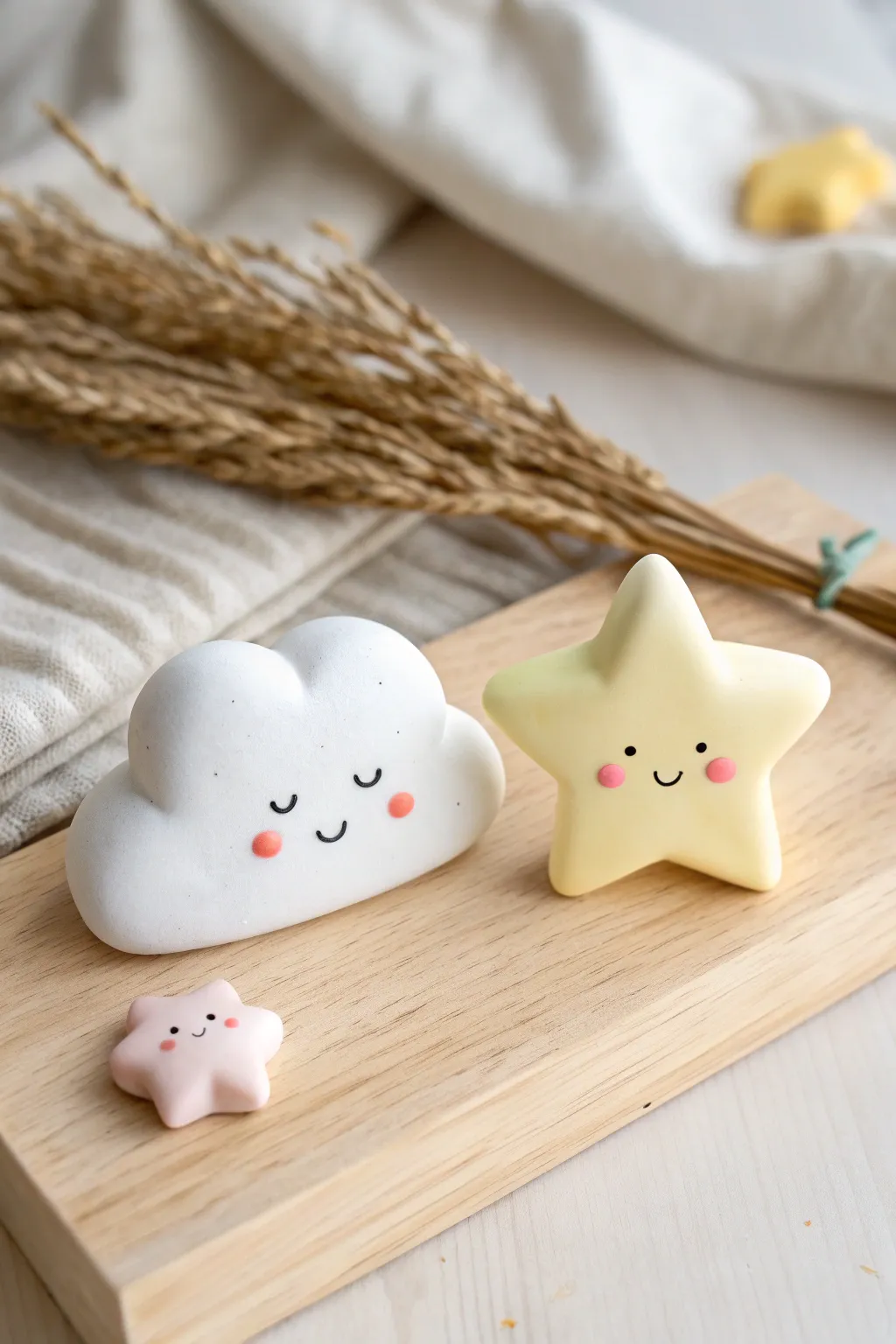Puffy cloud and pastel star desk buddies in soft Scandinavian light, cute and calming.