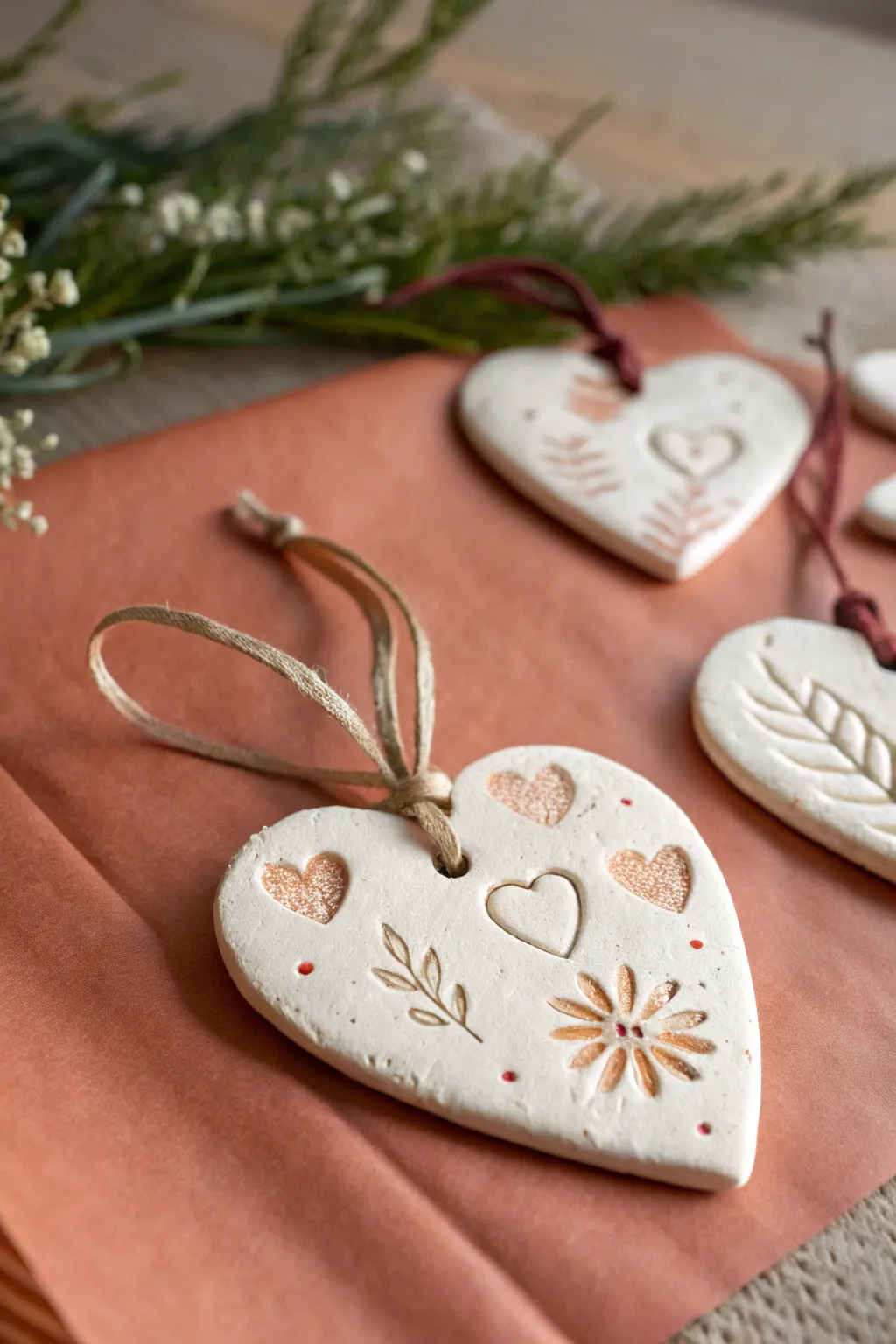 Easy stamped clay heart ornament with ribbon loop, simple textures and soft paint accents