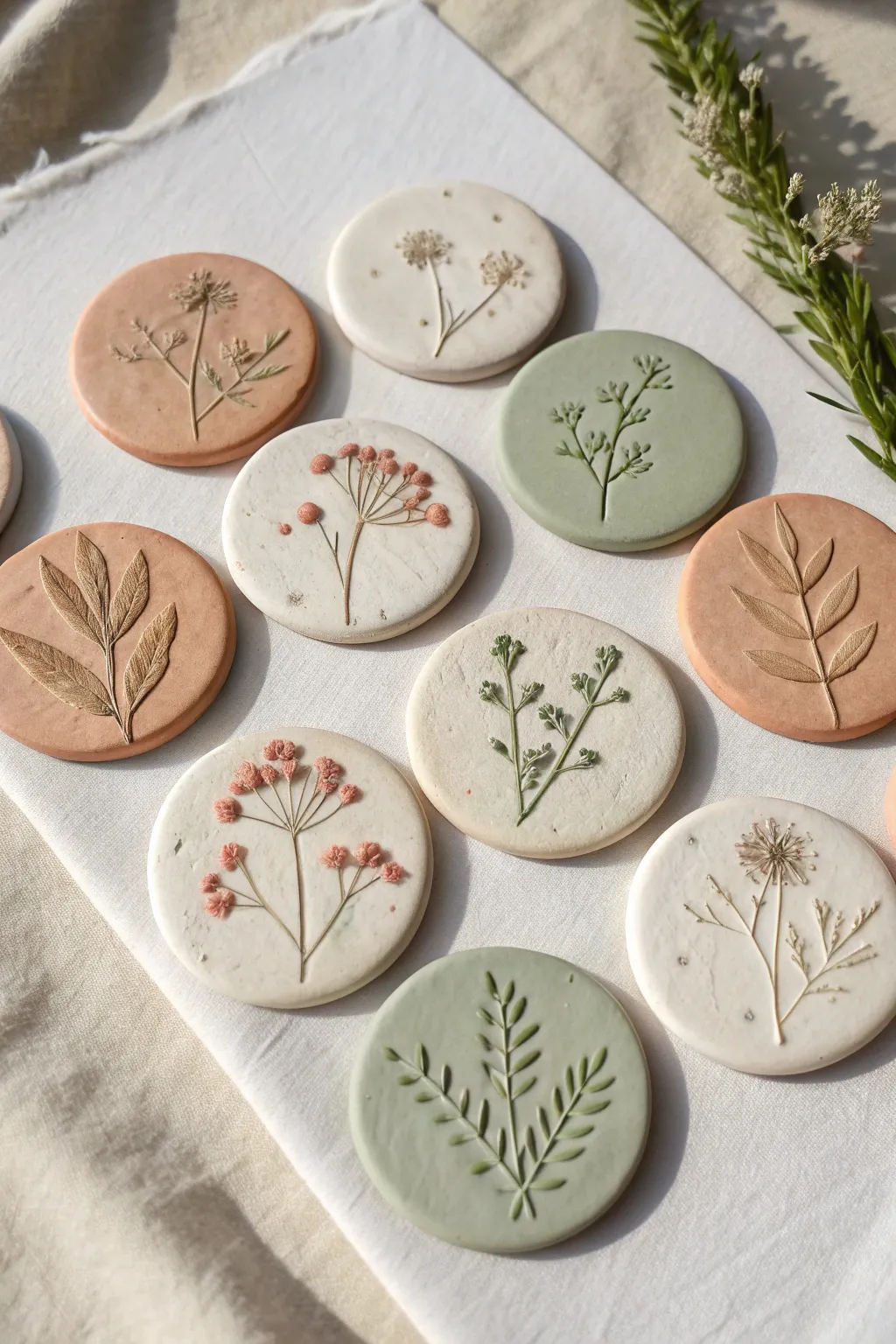 Crisp leaf and flower texture prints on tiny clay tiles, softly painted for a nature inspired kids craft.