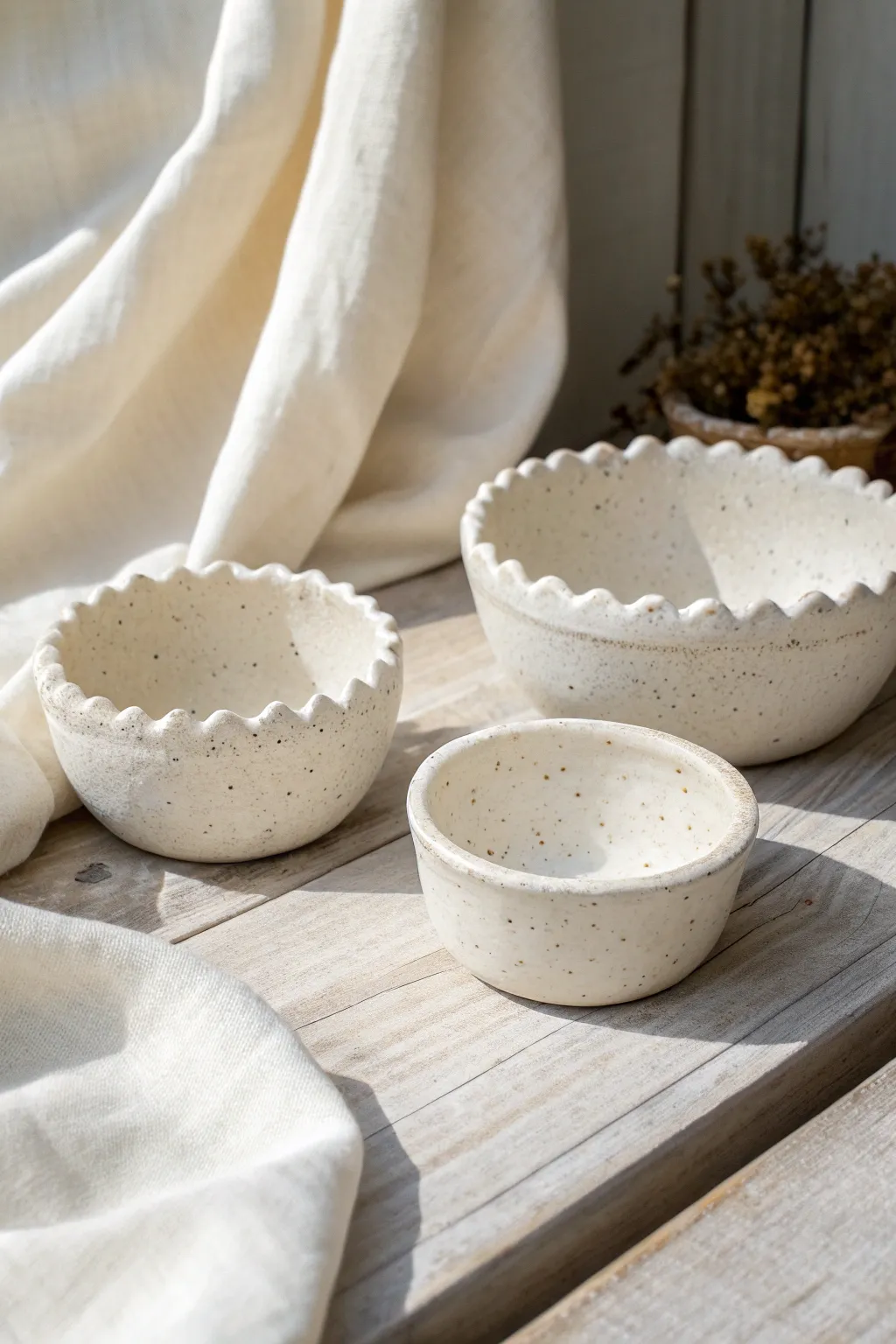 Modern pinch pots in soft clay tones: scalloped, wavy, and oval shapes for a minimalist shelf.