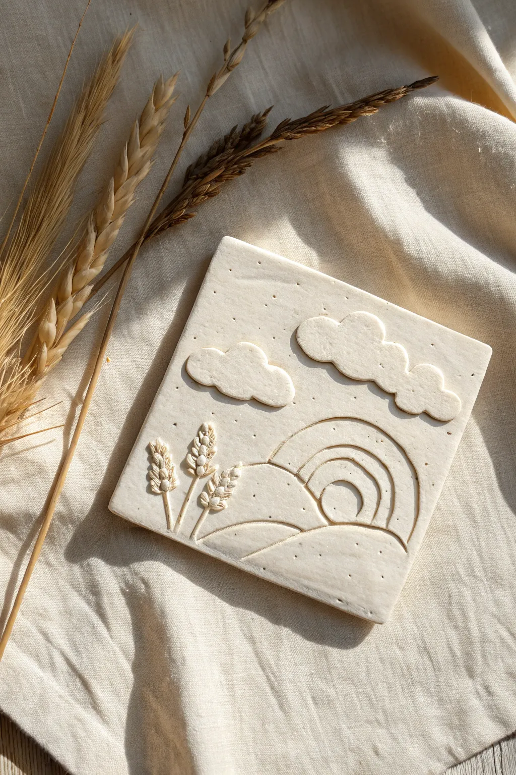 Mini clay relief canvas tile in soft Nordic flat-lay light, simple clouds and botanicals.