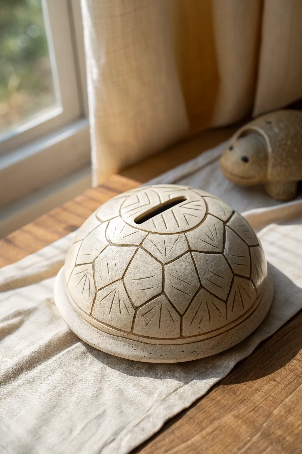 Minimalist turtle shell clay bank with geometric scutes and a clean centered coin slot.