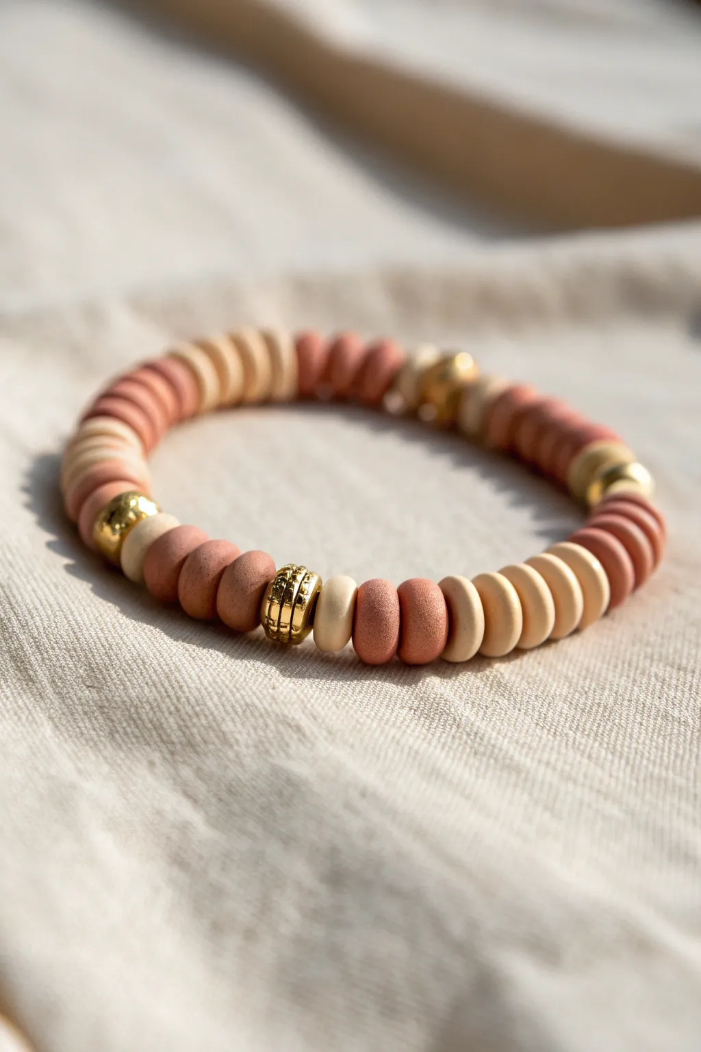 Gold spacer rhythm: blush clay disc beads in clean repeating groups for a simple, chic bracelet.