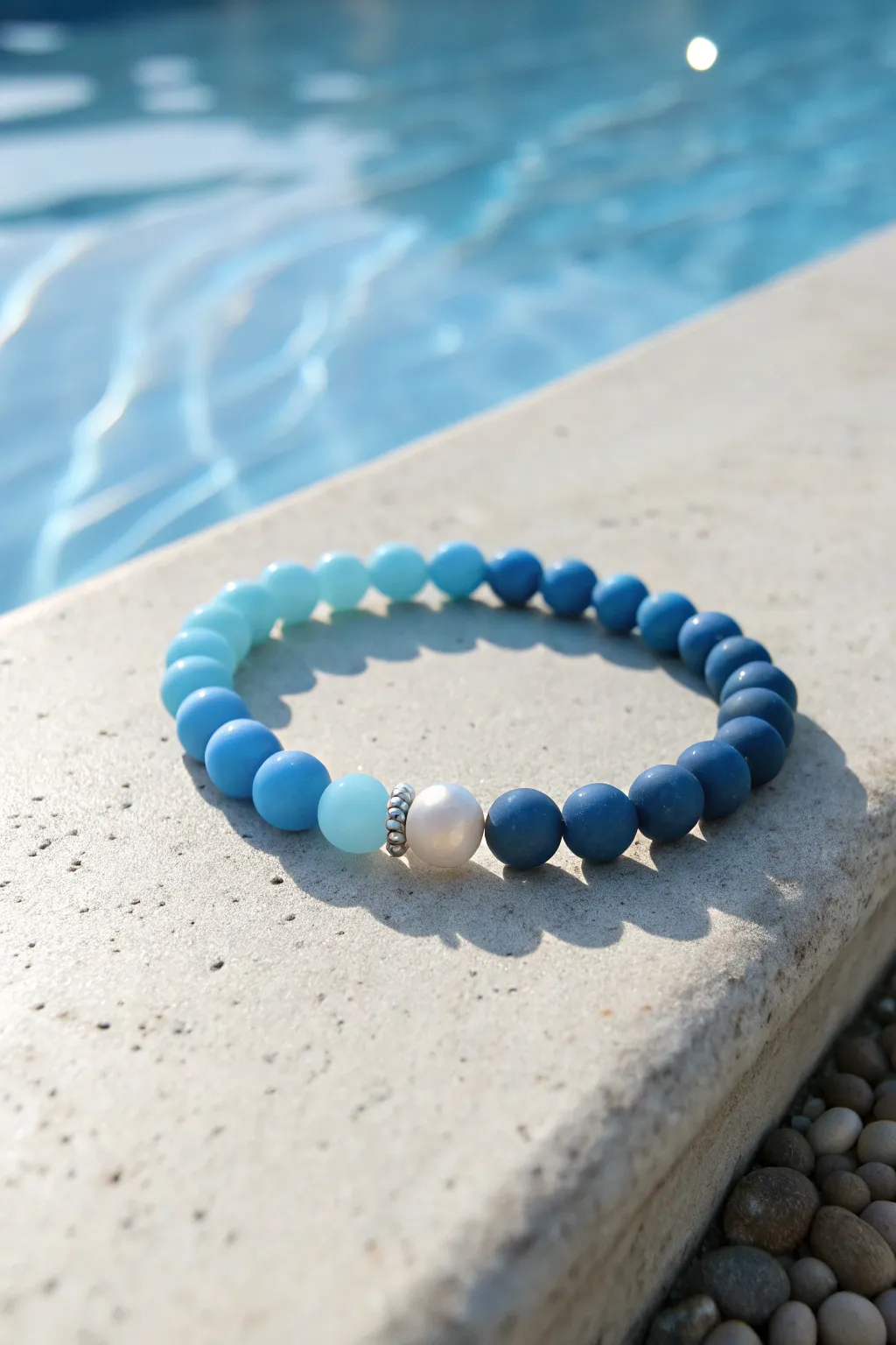 Ocean blues clay bead bracelet with a soft gradient and a tiny pearl pop at the center