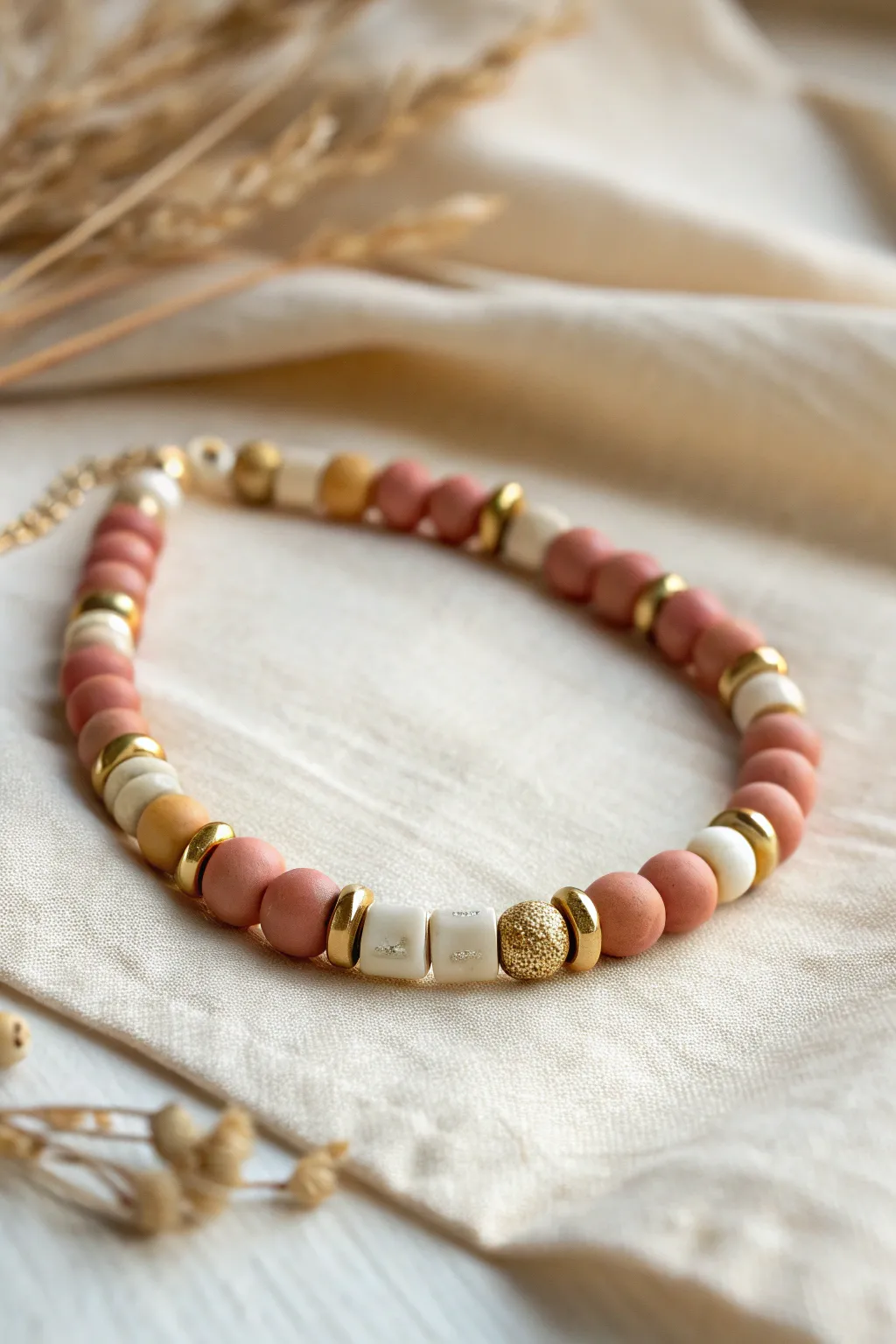 Gold spacers add a chic rhythm to easy clay bead bracelet patterns, clean and feminine.