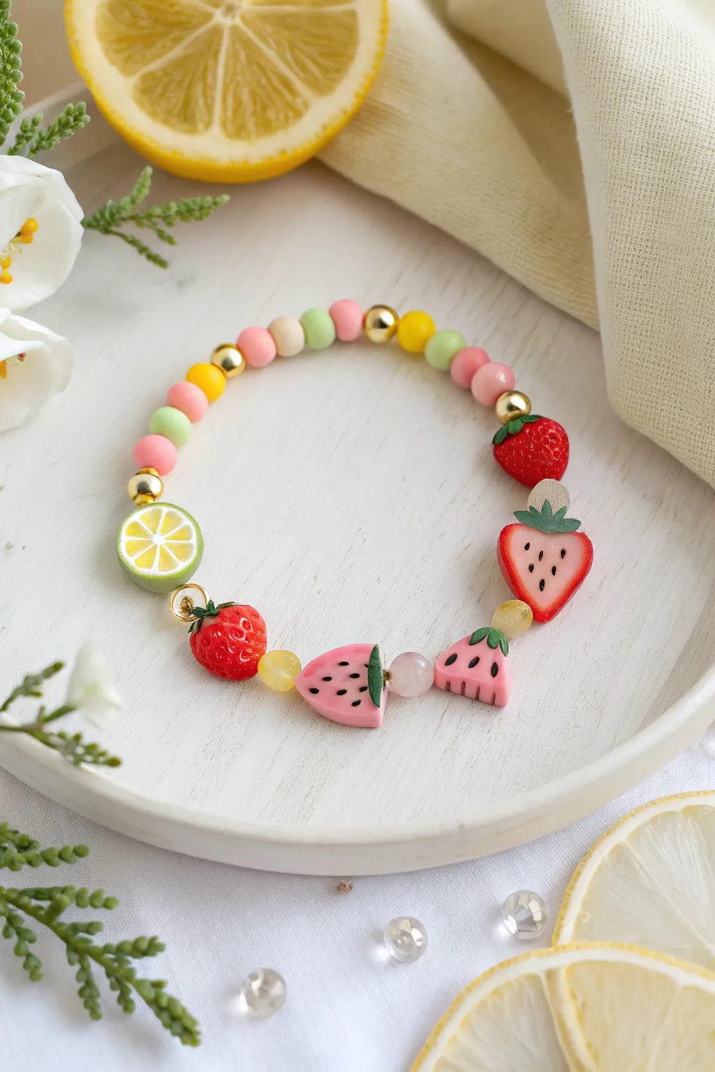 Summer-ready clay bead bracelet with juicy fruit slice charms and bright heishi beads