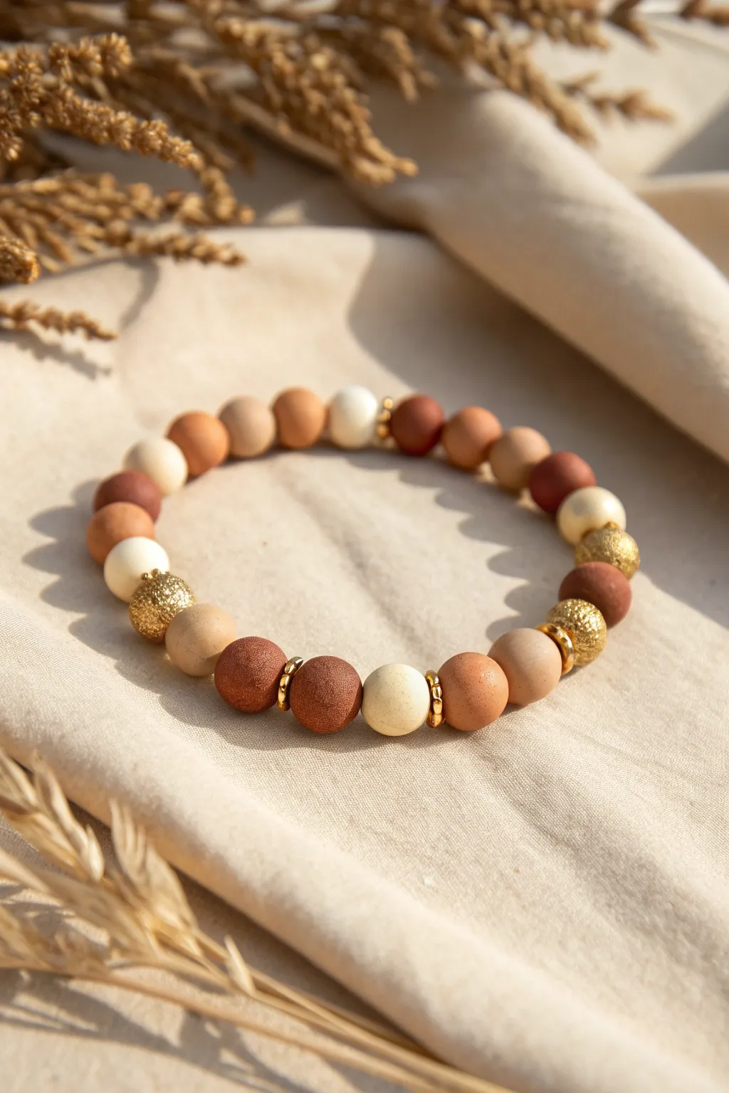 Neutral clay bead bracelet in cream, tan, and warm brown with chic gold-look spacers
