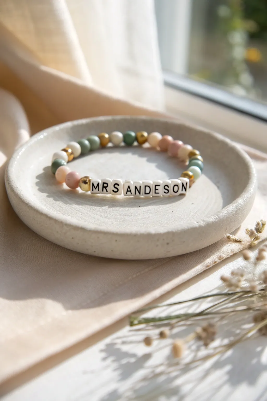 Personalized teacher bracelet with calm clay heishi beads and a centered Mrs nameplate