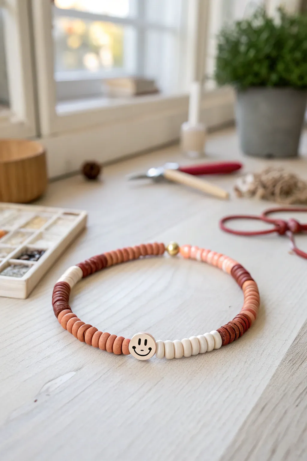 Ombre heishi beads fade into a sweet smiley centerpiece for an effortlessly modern boho look