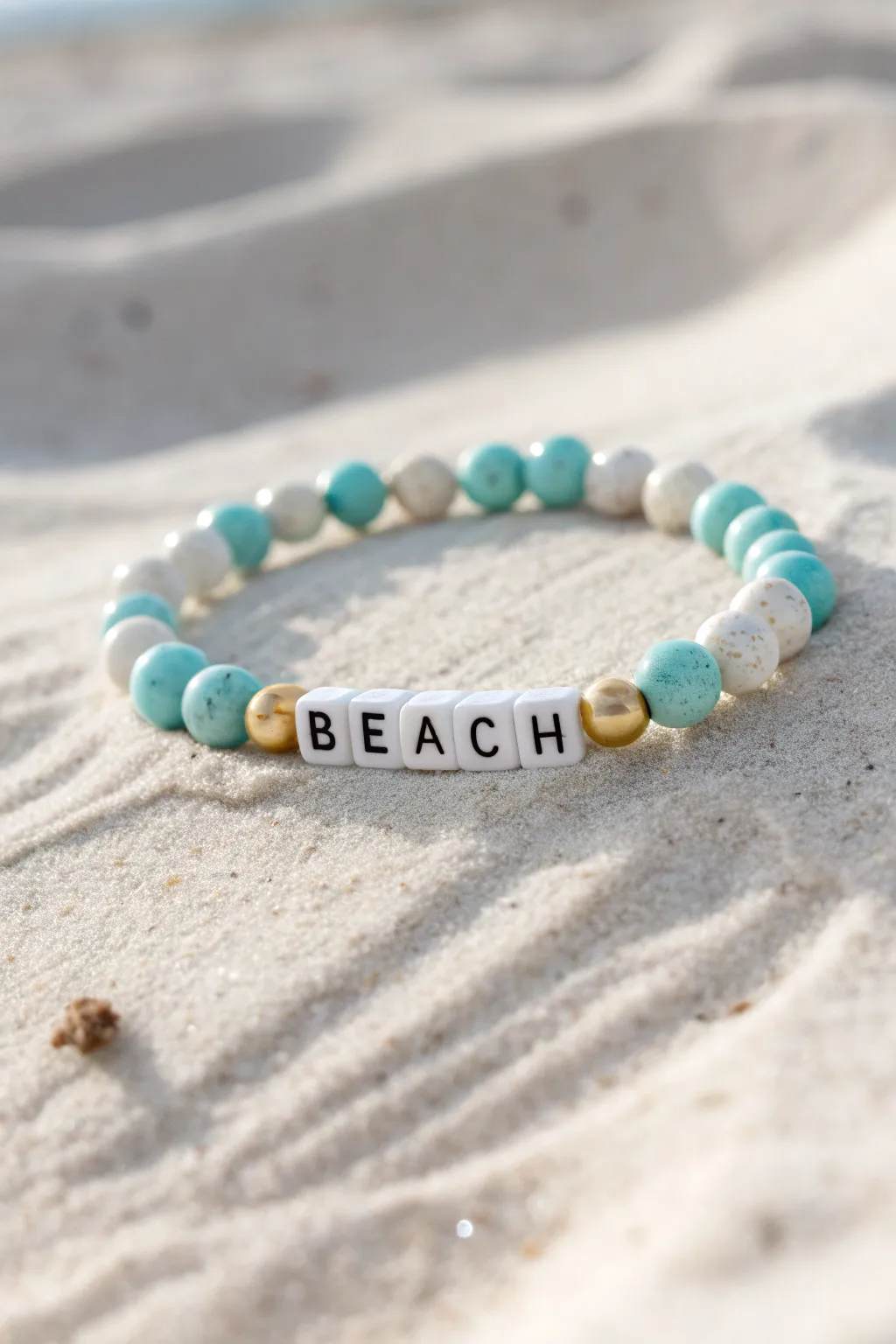 Minimal beach word bracelet with turquoise clay beads and letter beads, bright Scandinavian boho vibe