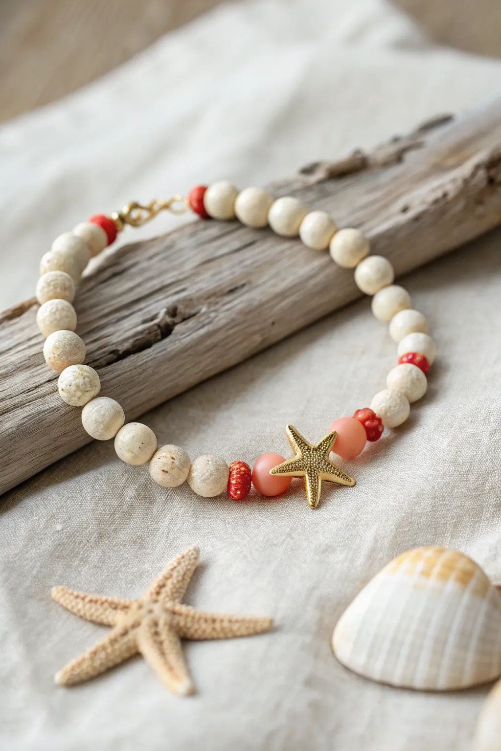 Sandy neutrals with coral pops and a starfish charm for an easy coastal summer bracelet
