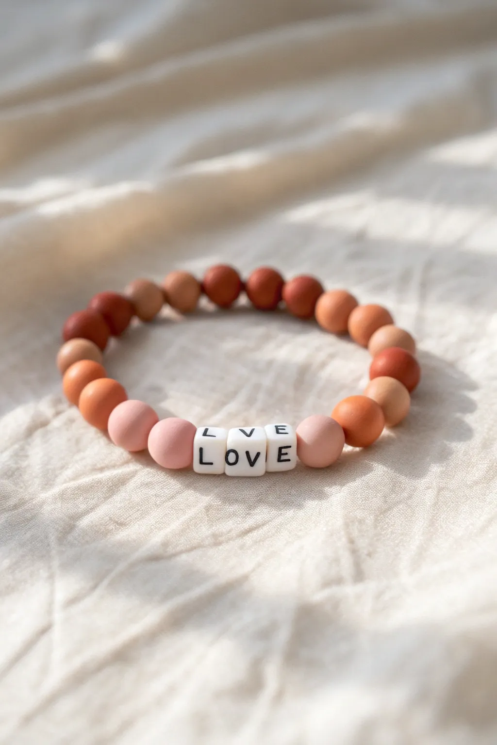 Minimal clay bead bracelet with popular word beads, clean Scandinavian boho bestseller look.