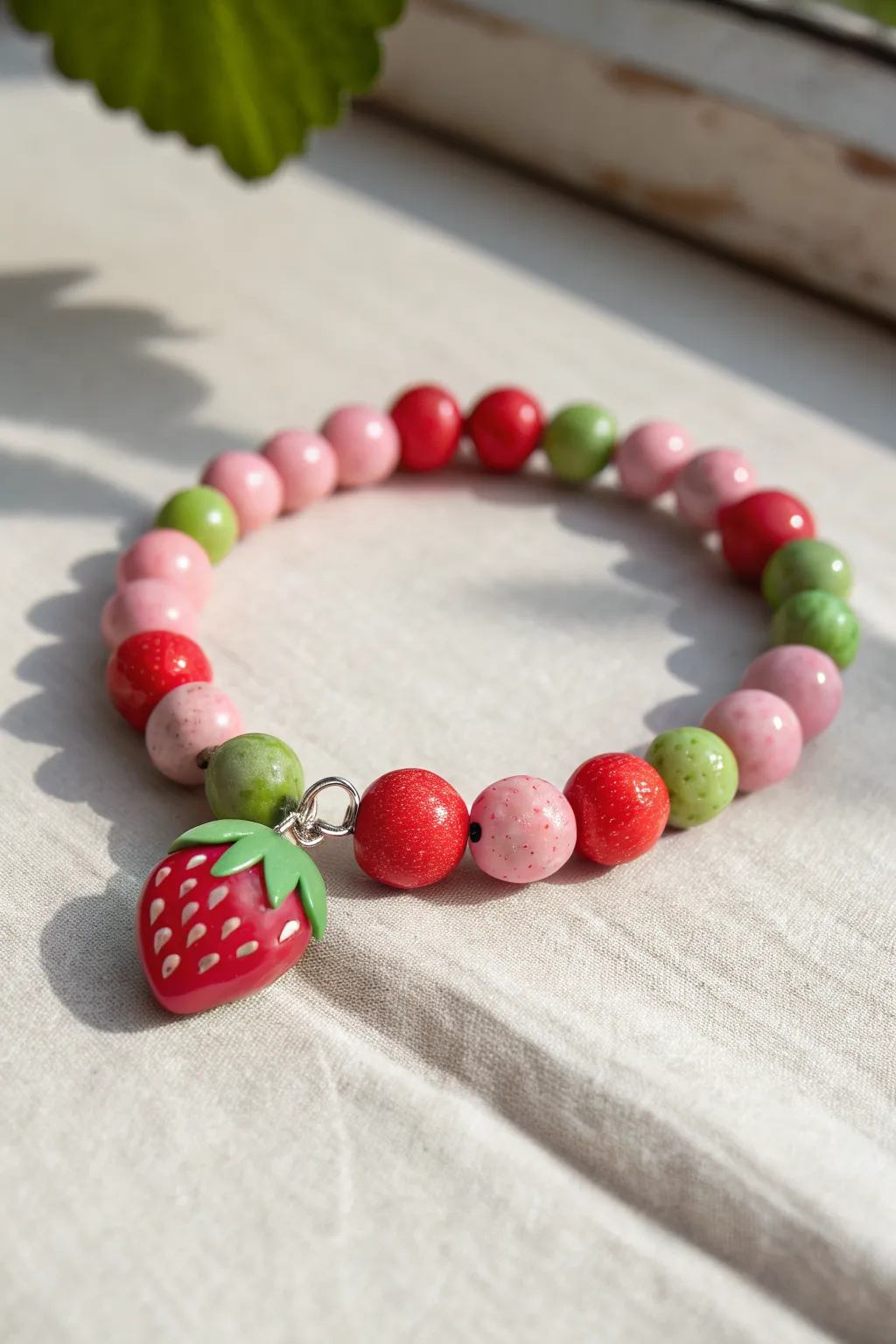 Bold clay bead bracelet with a chunky strawberry charm, set in bright summer pinks and greens