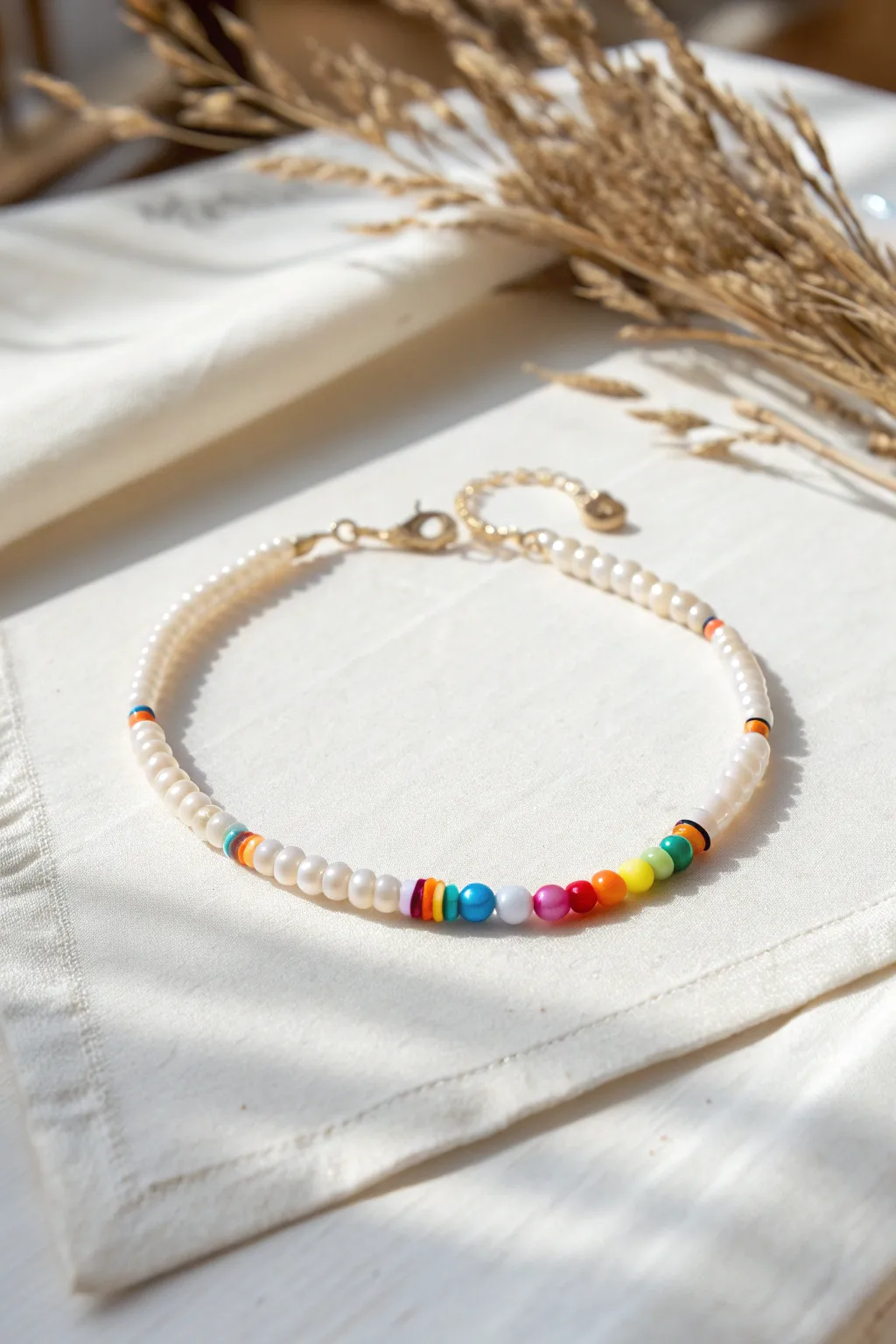 Rainbow clay heishi bracelet with a pearly center—minimal, bright, and handmade chic.