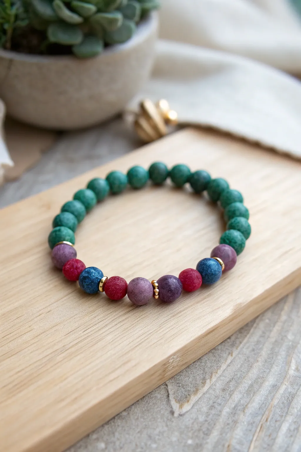 Jewel-tone clay bead bracelet in emerald, sapphire, amethyst, and ruby—no white needed.