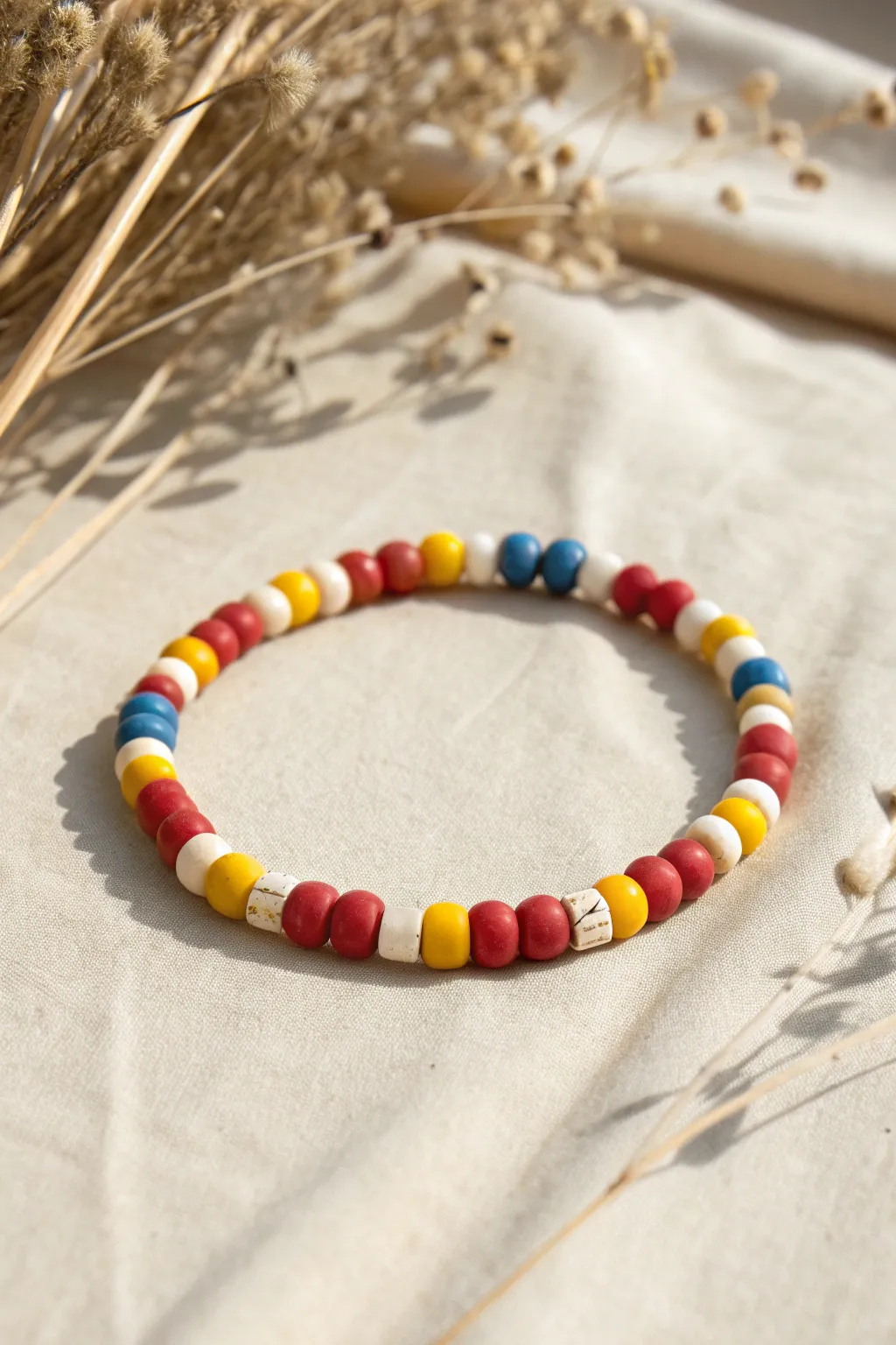 Primary color pop clay bead bracelet with an easy-to-count repeating red, yellow, blue pattern