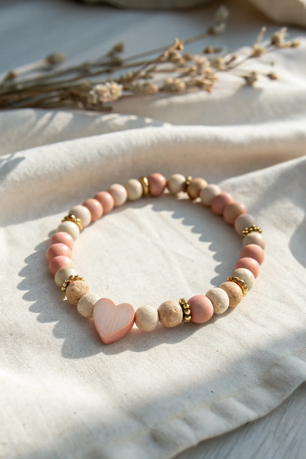 Soft minimalist clay bracelet with one heart focal bead framed by heishi discs and spacers