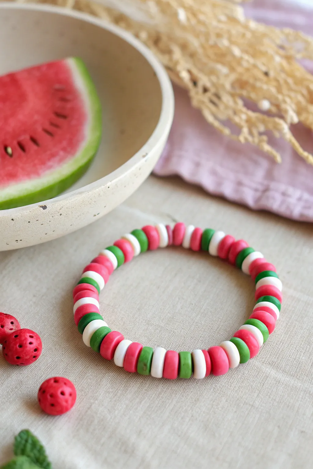 Watermelon Brights: pink, red, white, and green stripes for a playful clay bead bracelet