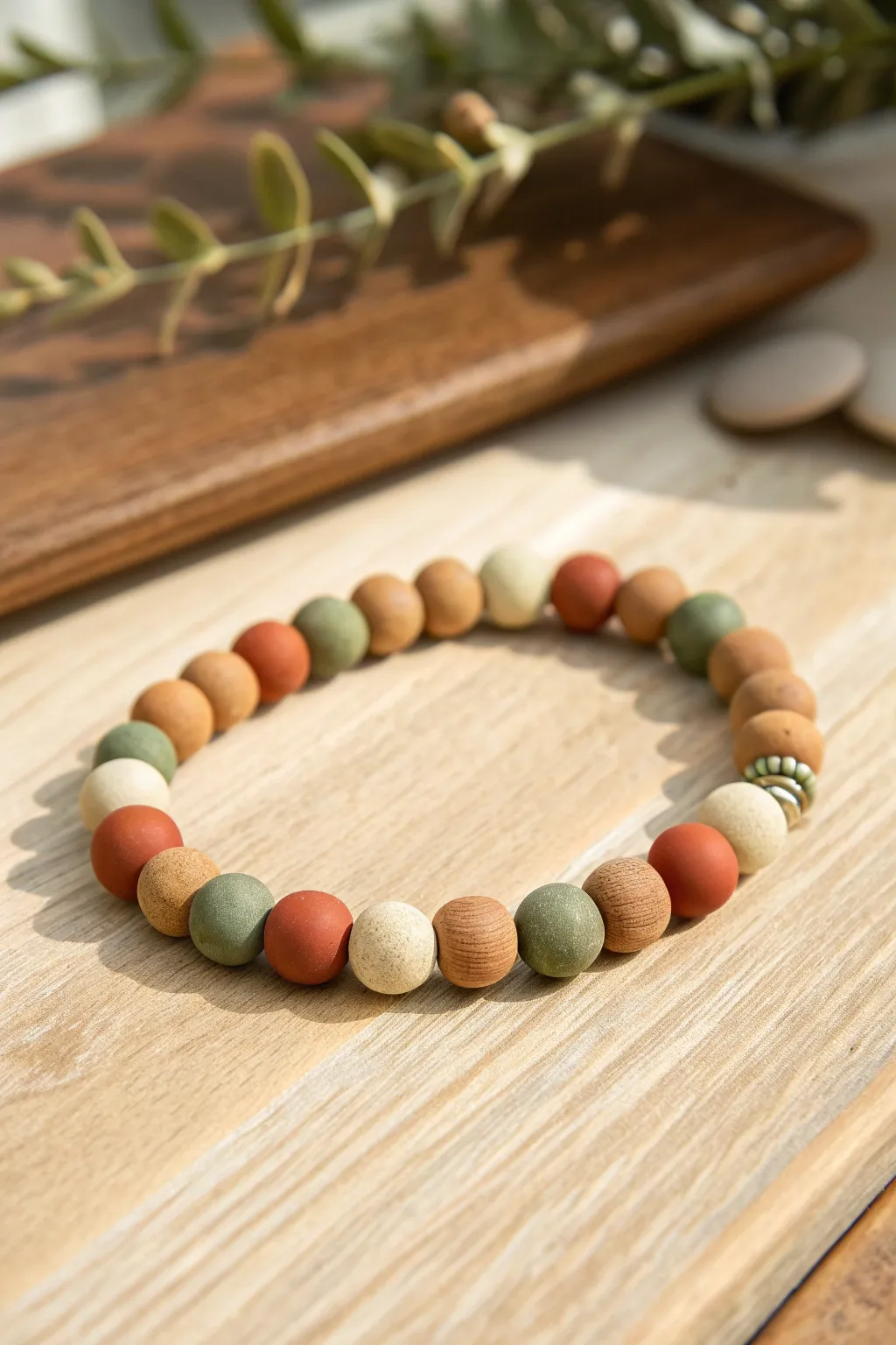 Earthy clay bead bracelet in tan, terracotta, sage, and cream for cozy boho color inspo