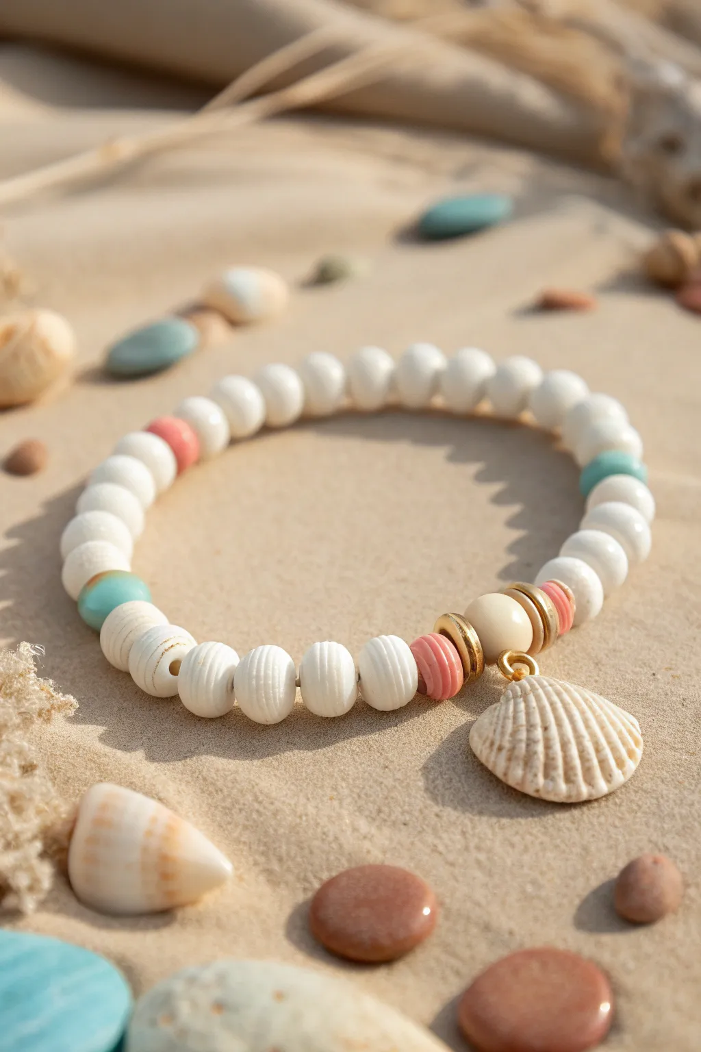 Beachy clay disc bracelet in white with aqua and coral accents and a simple shell focal bead