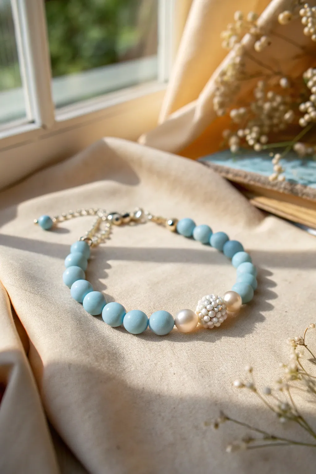 Sky blue clay beads with tiny pearl pops for a soft, minimal bracelet that feels airy and modern