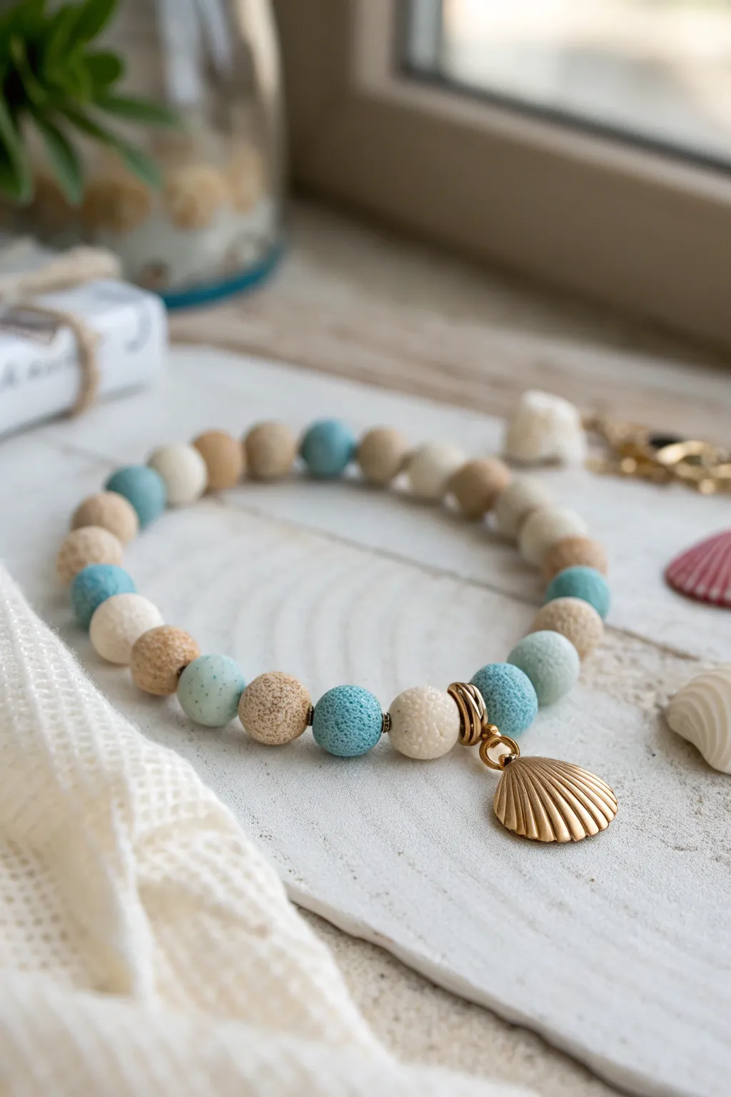 Beachy neutral clay bead bracelet with a tiny shell charm, styled on linen in coastal light.
