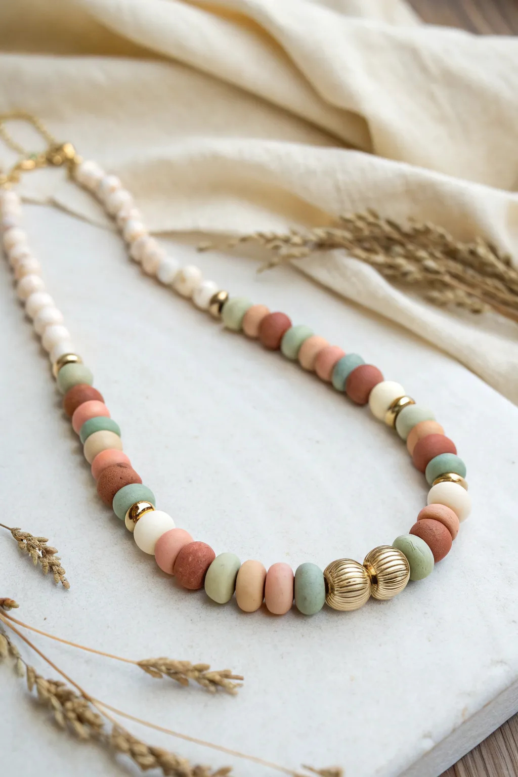 Simple clay bead necklace with sleek metal-look spacers for a clean, modern handmade finish