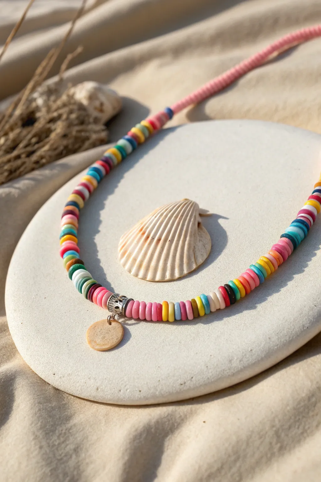 Colorful heishi necklace with a shell centerpiece, perfect for effortless summer boho minimal style.