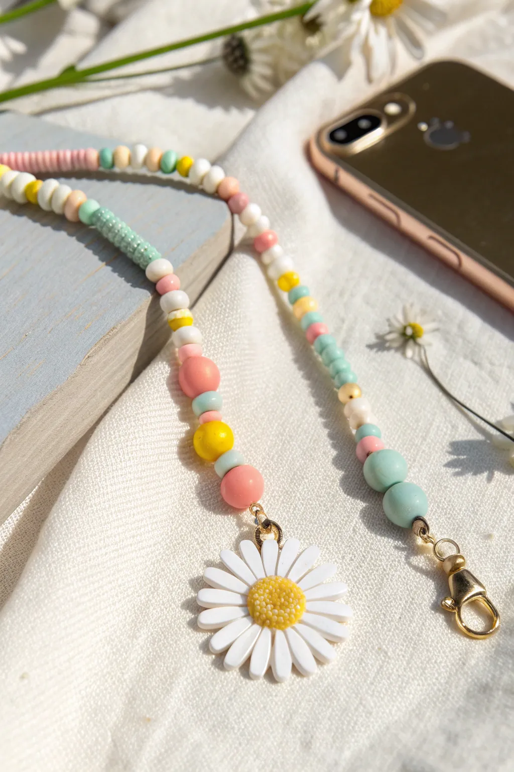 Daisy focal bead phone charm with bright heishi color pops for a cheerful, minimal look