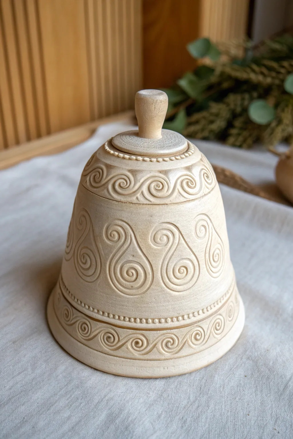 Minimal carved clay bell with flowing spiral grooves and a softly glossy rim