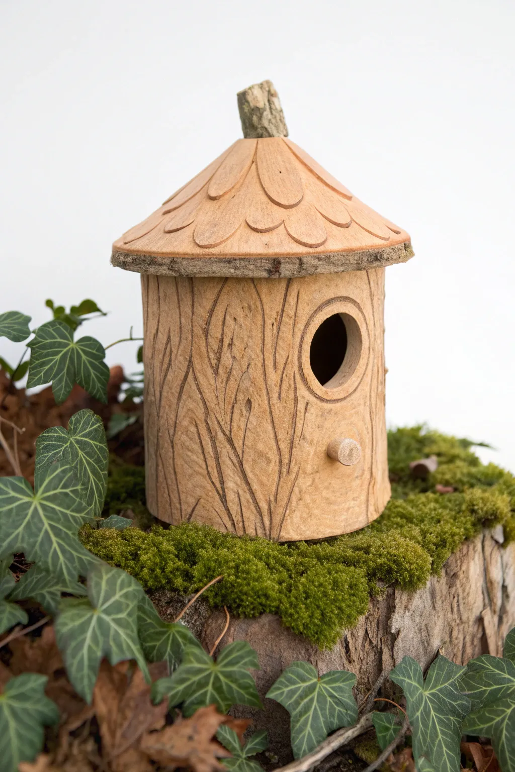 Tree stump clay birdhouse with bark texture, a cozy woodland accent for your garden.