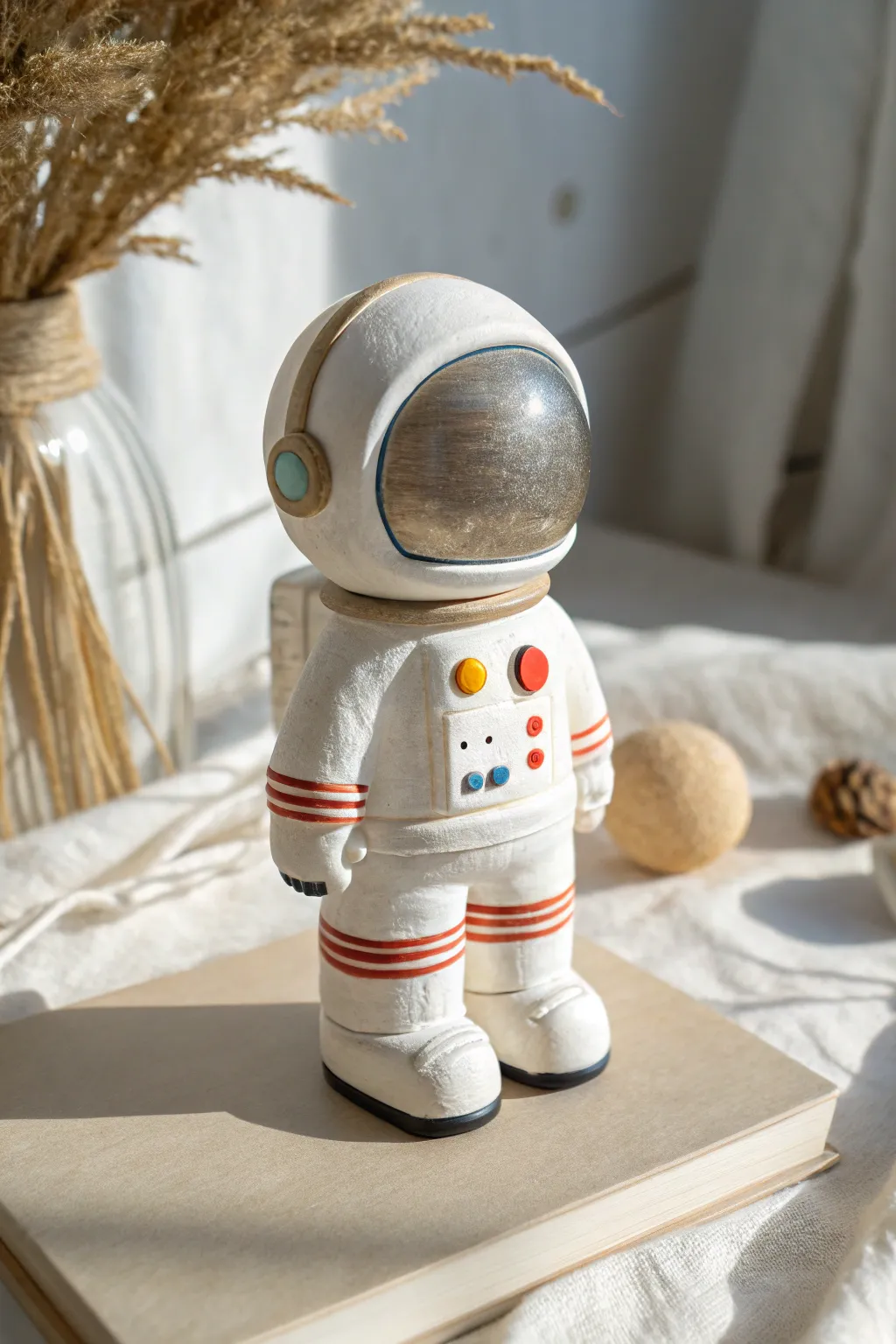 Simple astronaut clay bobblehead with bubble helmet, crisp colors, and cozy minimalist charm
