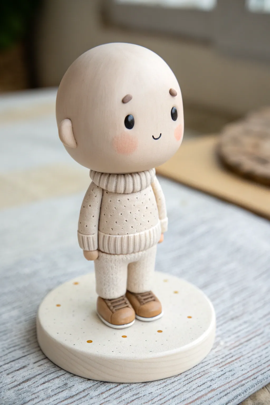 Mini Me bobblehead with a big rounded head and simple outfit, clean and cozy in natural light
