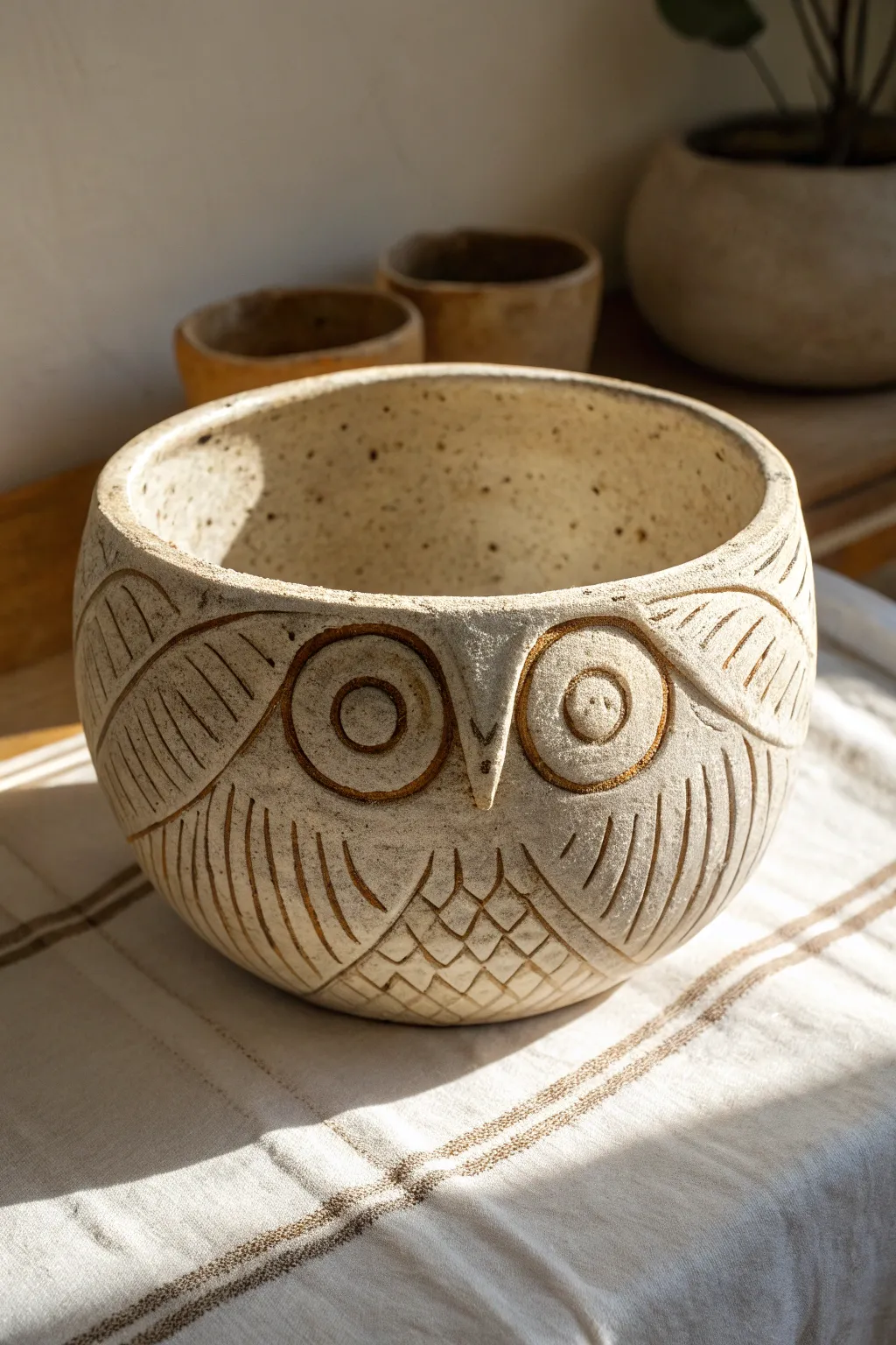 Handcrafted owl bowl with feather texture and warm rustic glaze, perfect cozy pottery inspo.