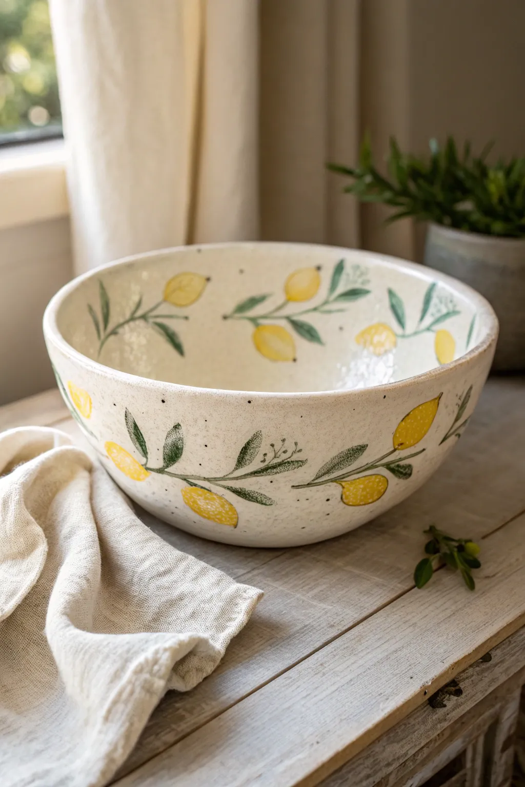 Cheerful lemon and leafy scatter bowl, simple to paint and perfect for a bright minimalist look
