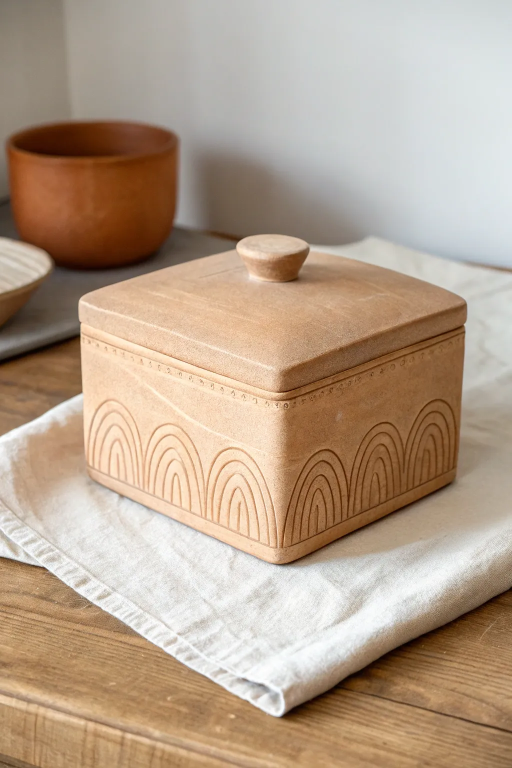 Minimal sgraffito linework clay box with high-contrast carving for a calm, modern look