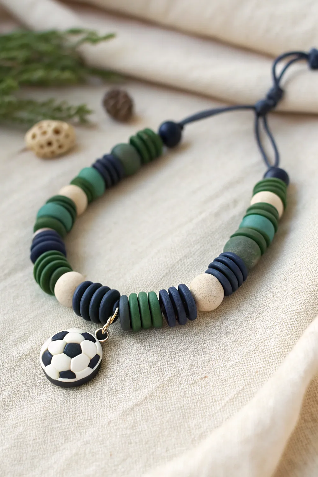 Sporty clay disc bracelet with a single ball accent bead, minimalist and easy to recreate.