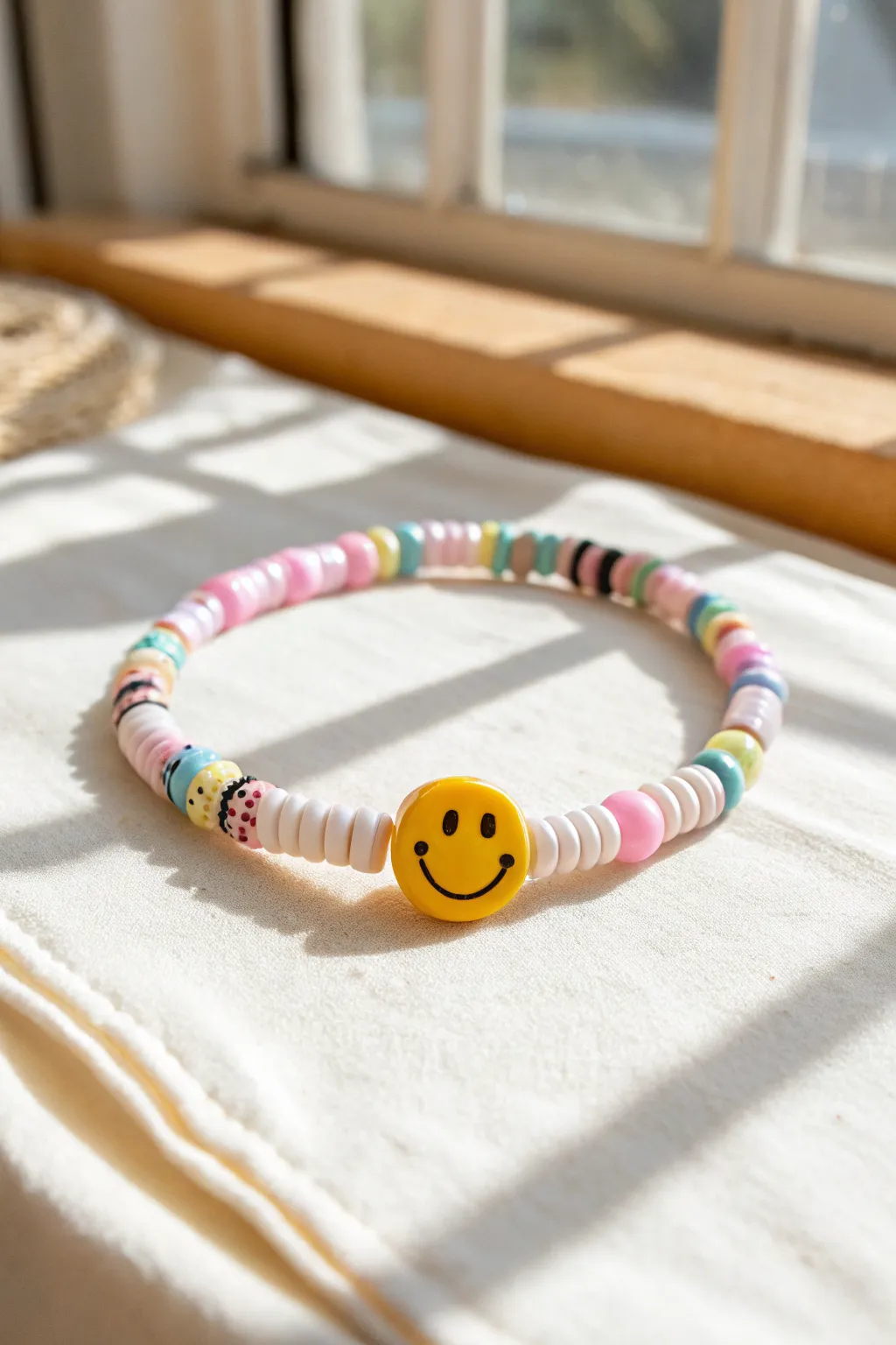 Bright pastel heishi bracelet with one bold smiley bead, styled on clean linen for contrast.