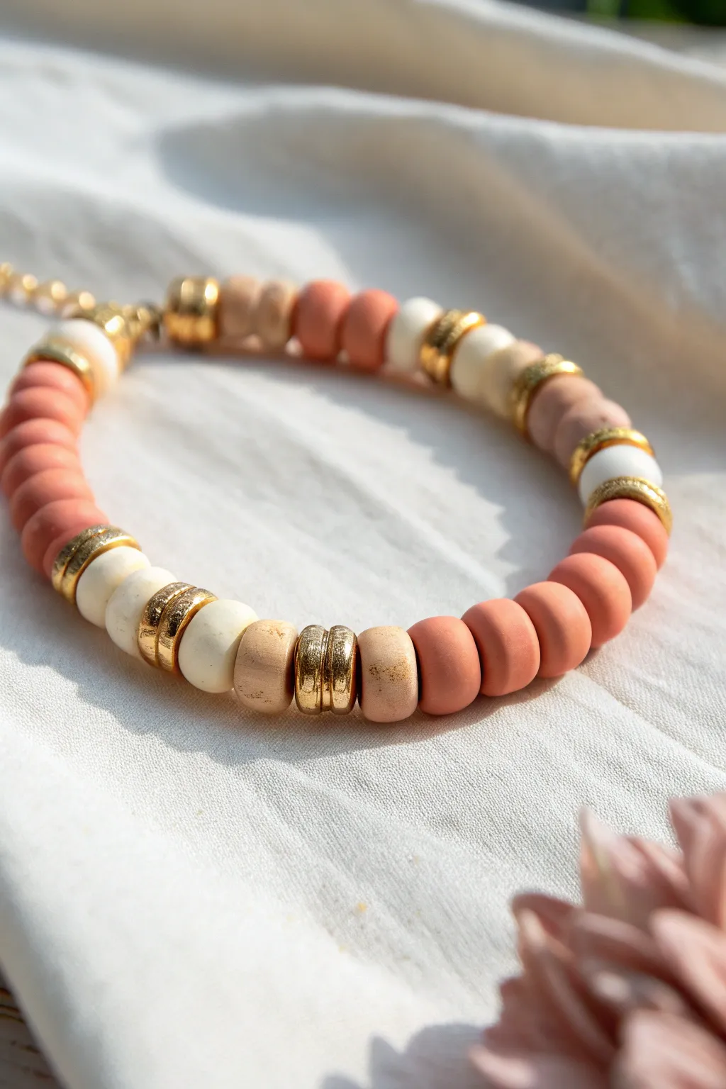 Matte clay discs meet shiny gold spacers for an easy minimalist bracelet with a pop.