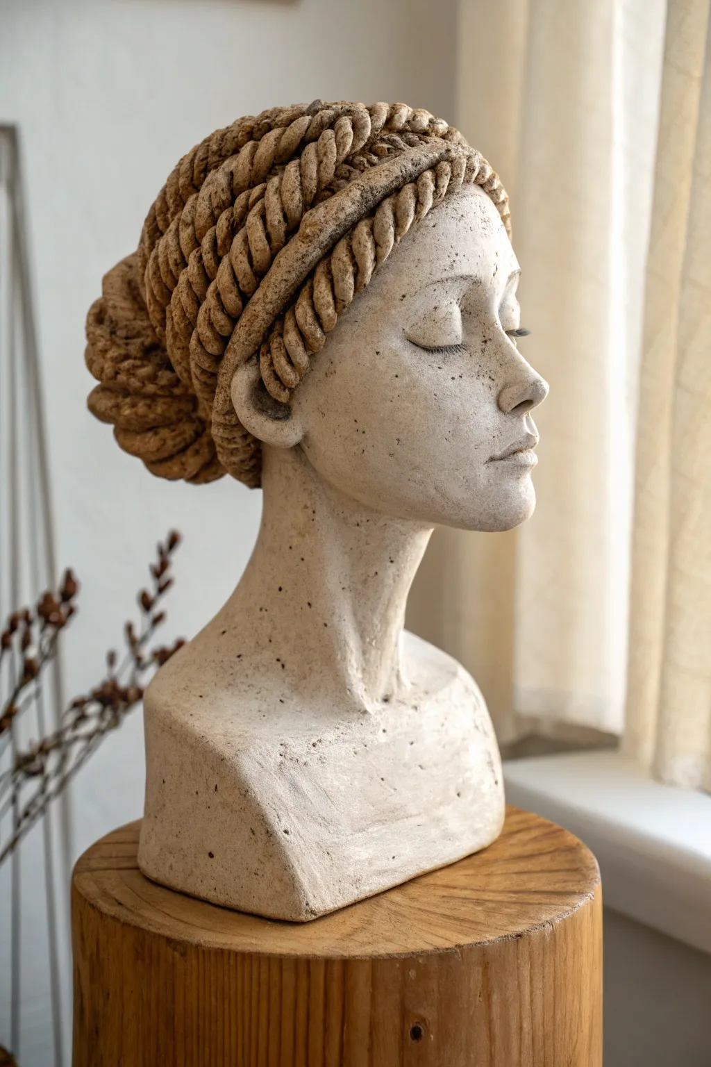 Simple clay bust with bold coil-hair texture, minimalist lines, and warm handmade charm