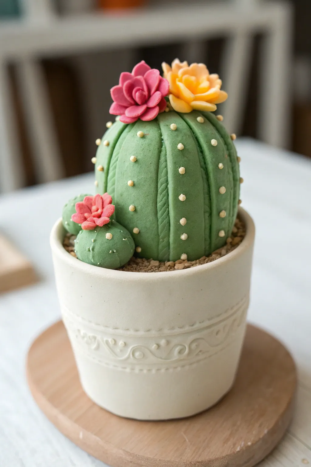 A sweet green clay cactus crowned with tiny blooms, perfect for a minimal boho shelf.